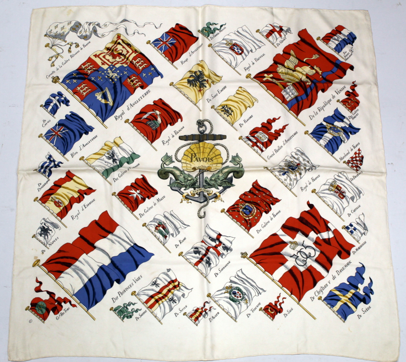 Hermès vintage silk "Pavois" pattern scarf designed by Philippe Ledoux, with coloured flags upon a