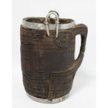 Antique Nepalese or Tibetan yak milk pot with metal banding to rim and foot, metal carrying loops,