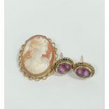 Cameo brooch and a pair of amethyst earrings both 9ct gold.