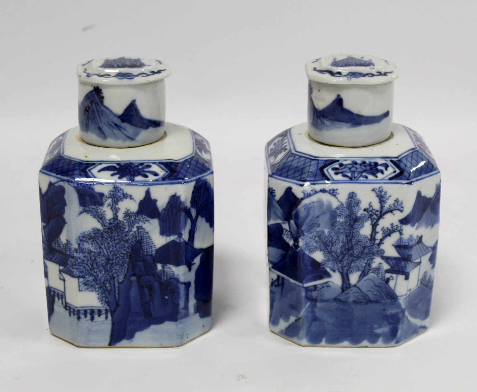 Pair of 18th century Chinese blue and white tea caddies of chamfered square form, the continuous