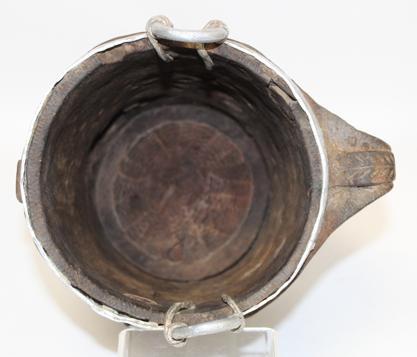 Antique Nepalese or Tibetan yak milk pot with metal banding to rim and foot, metal carrying loops, - Image 6 of 14