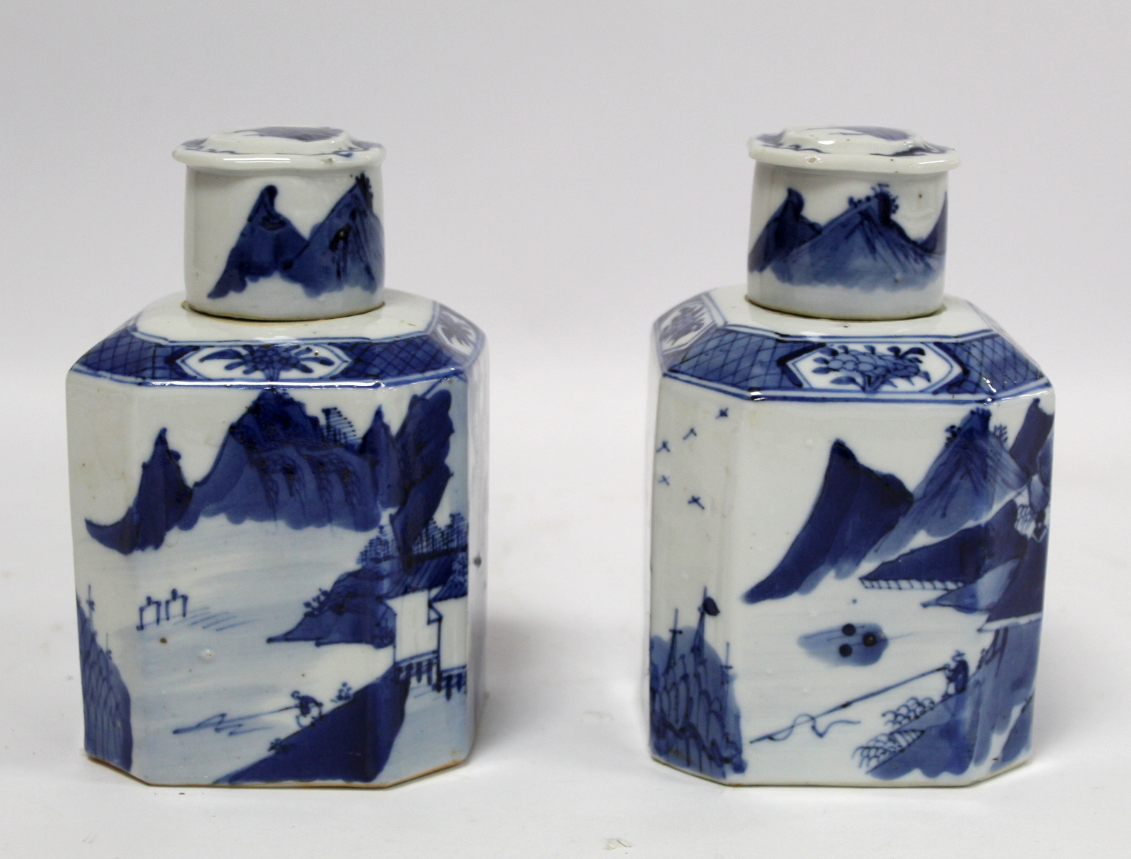 Pair of 18th century Chinese blue and white tea caddies of chamfered square form, the continuous - Image 2 of 20