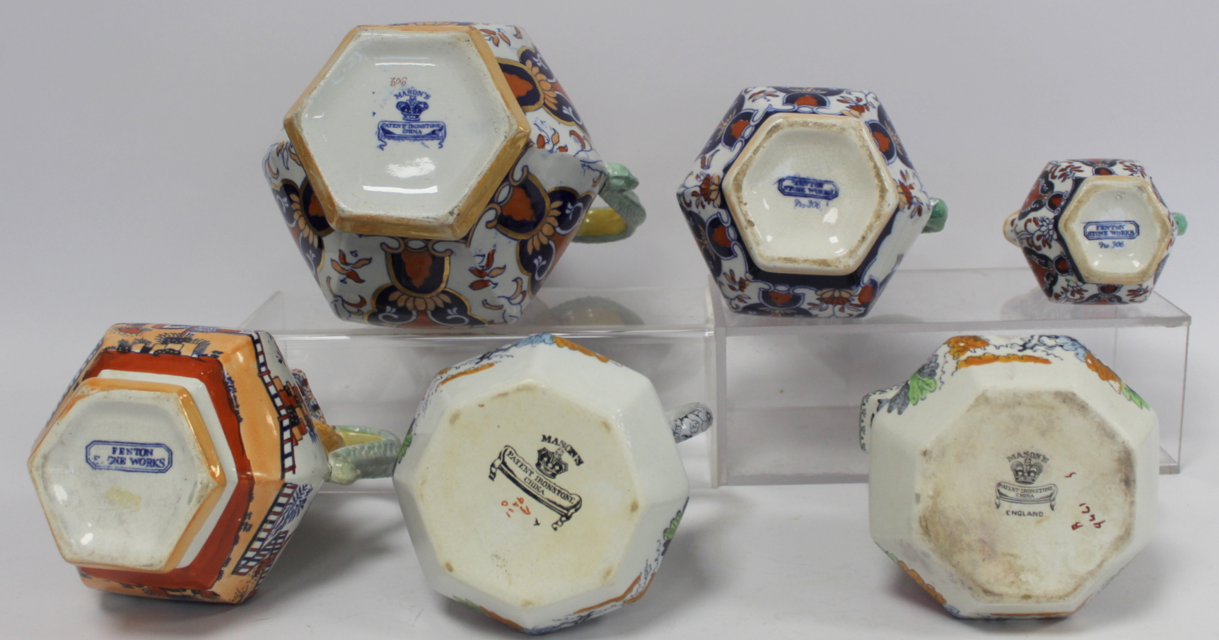 Masons Ironstone graduated set of three hexagonal jugs with dolphin handles decorated in the Imari - Image 2 of 6