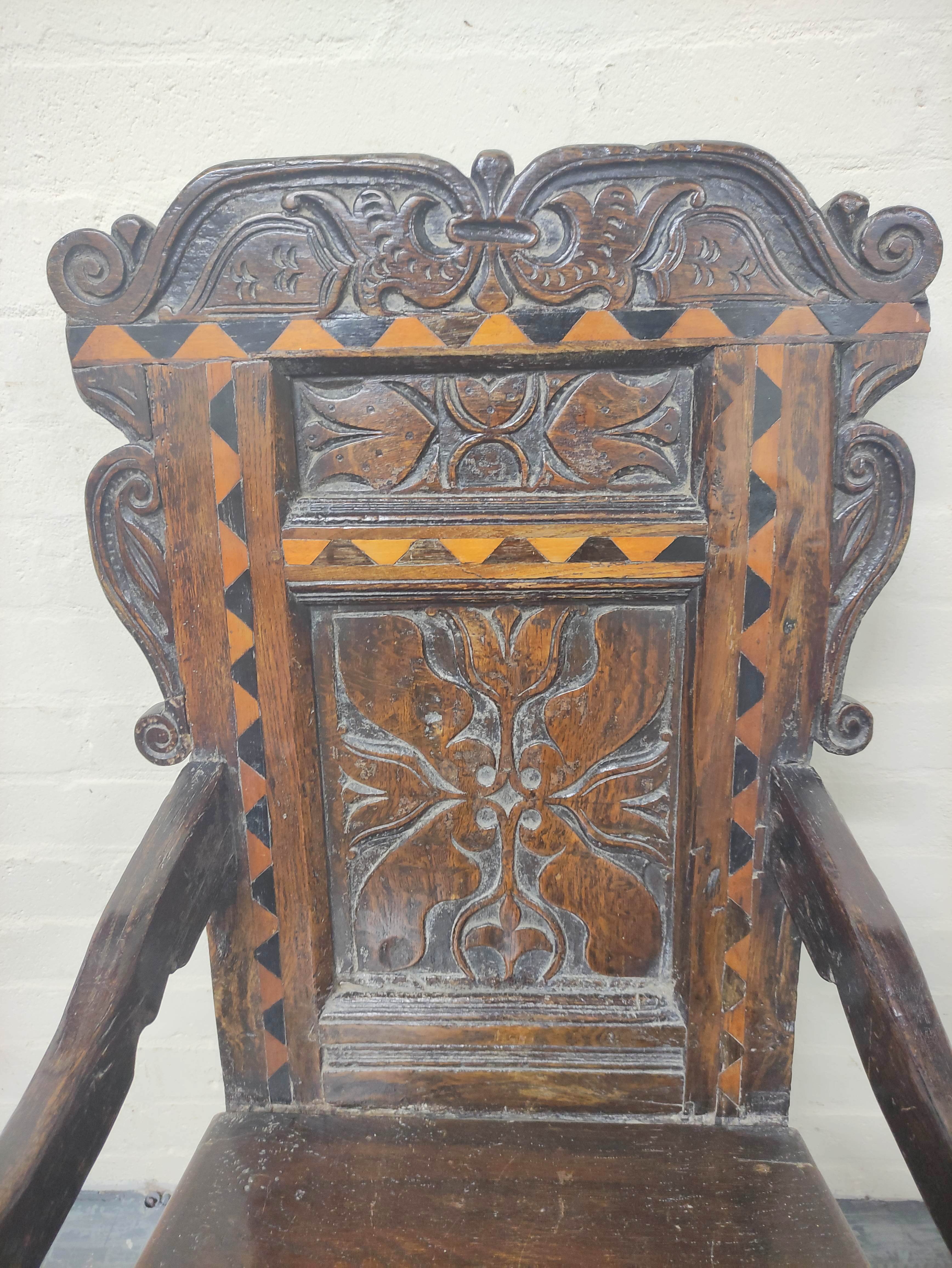 Near pair 17th century oak panel back armchairs, West Yorkshire, the shaped top rails with carved - Image 4 of 7