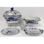 Five pieces of early 19th century Masons Ironstone "Indian Grasshopper" dinnerware comprising: large