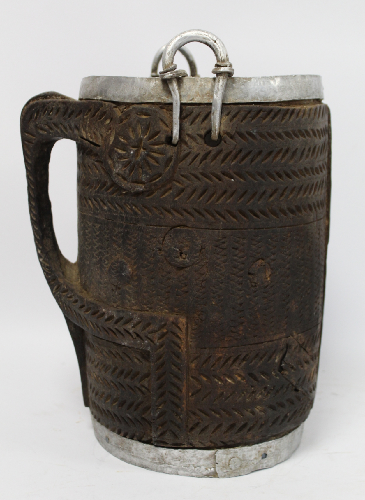 Antique Nepalese or Tibetan yak milk pot with metal banding to rim and foot, metal carrying loops, - Image 3 of 14