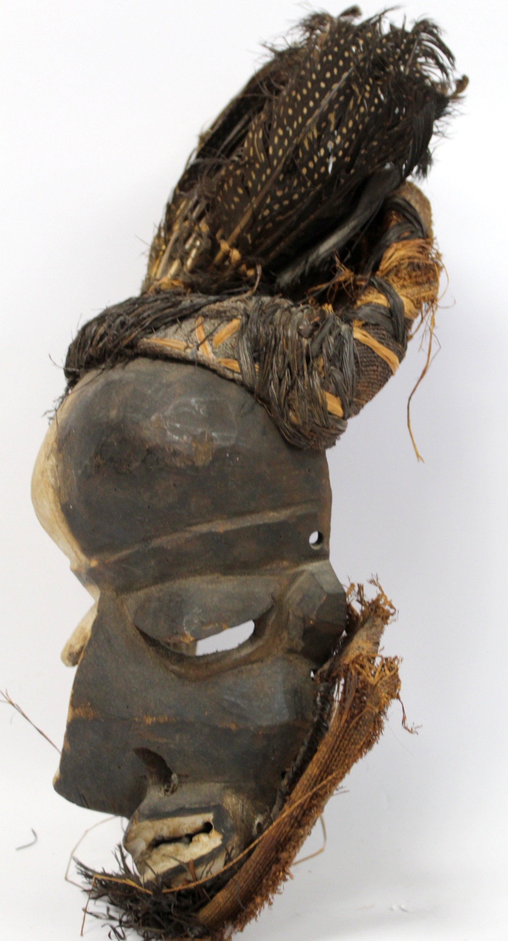 African tribal DRC Pende Mbangu sickness mask, the abstract carved wooden face with black and - Image 2 of 6