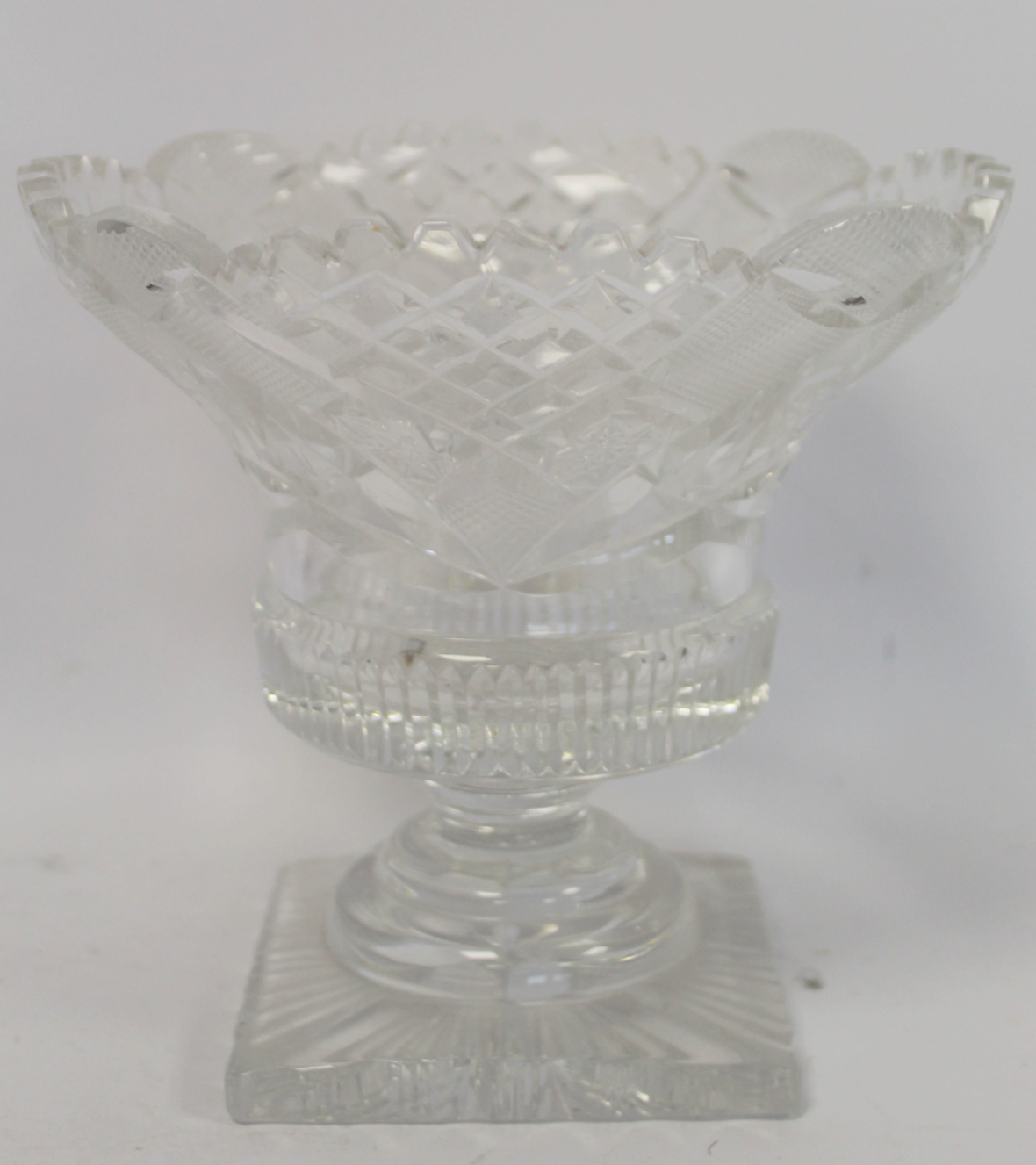 Cut glass sweetmeat bowl of campana form with short concave stem and square foot, 18cm high; another - Image 2 of 9