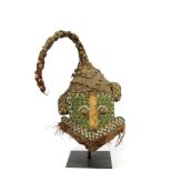African tribal DRC Kuba woven hessian and cane helmet mask with beaded, cowrie shell and plant fibre