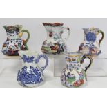 Five Masons Ironstone octagonal Hydra jugs decorated with chinoiserie, blue dragons and birds