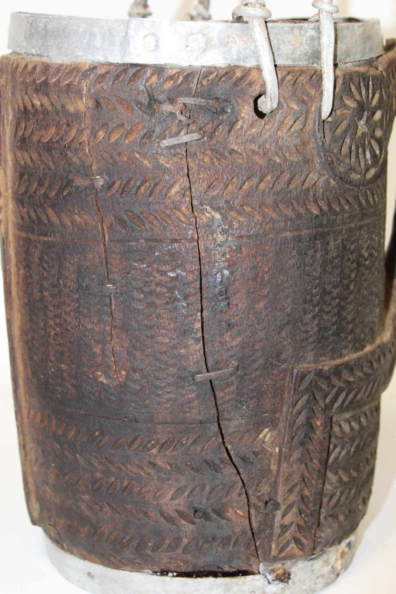 Antique Nepalese or Tibetan yak milk pot with metal banding to rim and foot, metal carrying loops, - Image 9 of 14