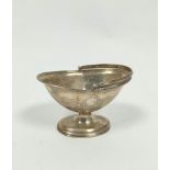 Silver sugar basket with reeded pins struck bands, cartouches, reeded swing handle and oval foot, by