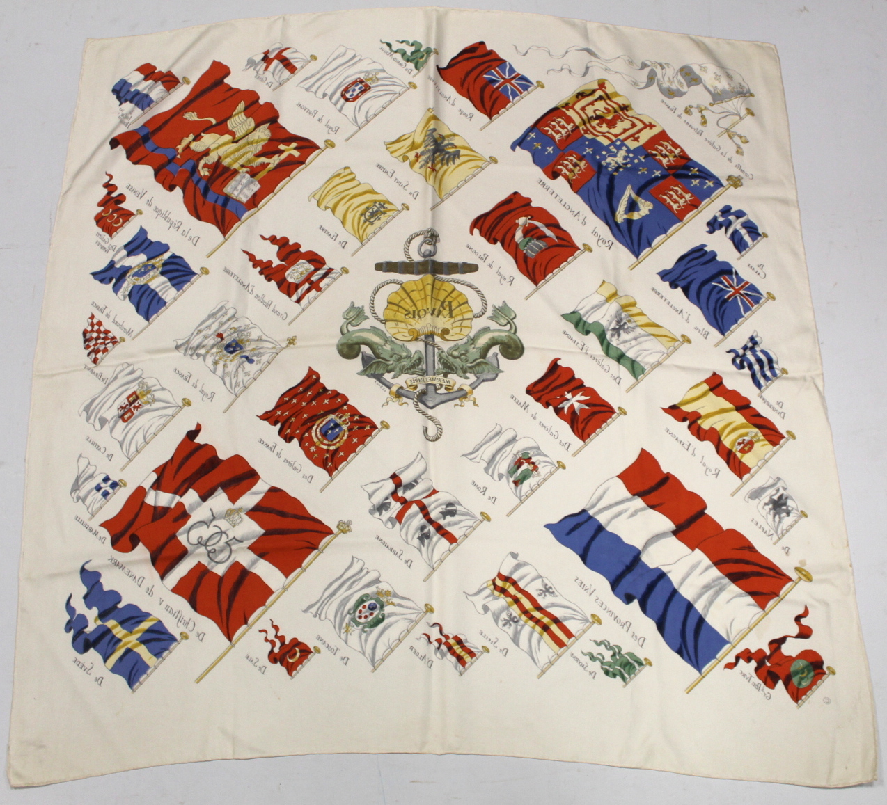 Hermès vintage silk "Pavois" pattern scarf designed by Philippe Ledoux, with coloured flags upon a - Image 6 of 7