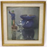 K Byers (20th Century British) Still life of figurine, glass and vase. Oil on board framed