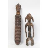 African tribal carved hardwood standing figure, possibly Fang, the torso with cane binding, 33cm