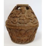 Large African carved wooden bowl with cover decorated with figures and animals, 42cm high, 37cm