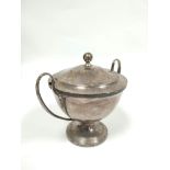 Old Sheffield circular sauce tureen with loop handles and ball finial, little worn, c1810.