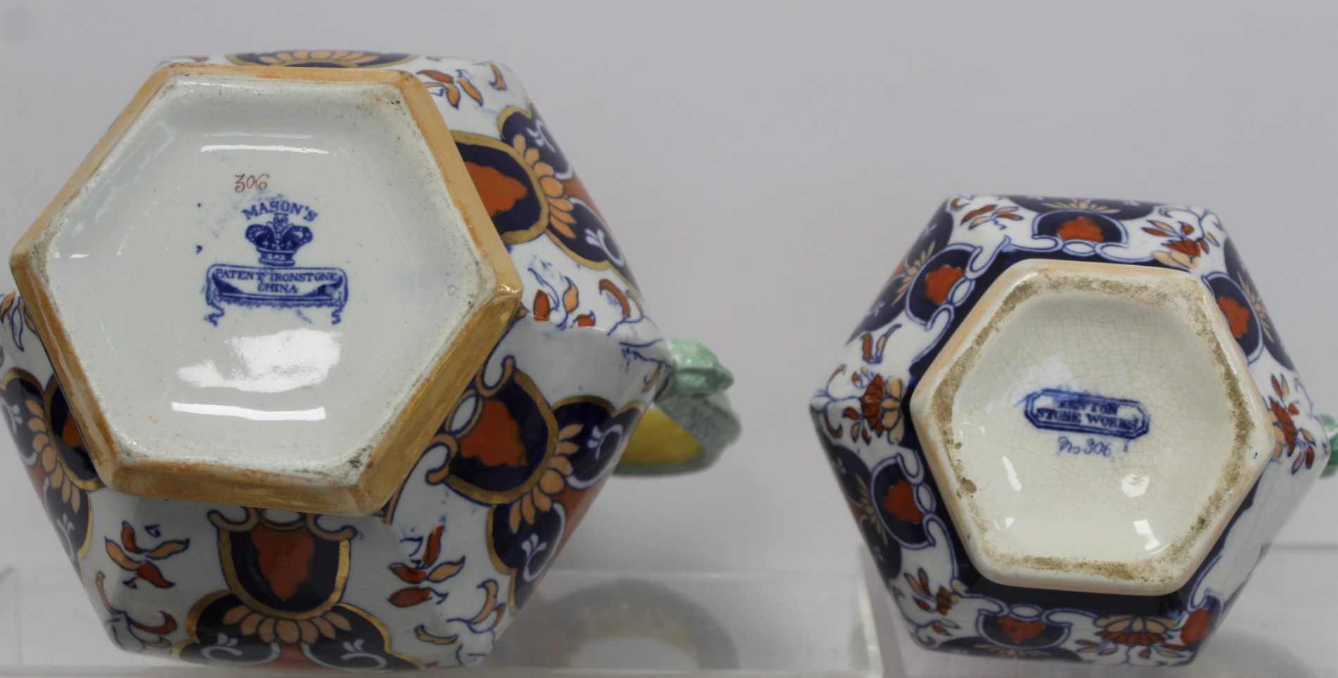 Masons Ironstone graduated set of three hexagonal jugs with dolphin handles decorated in the Imari - Image 3 of 6