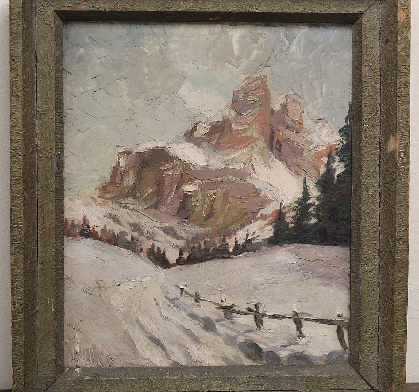 Mid 20thC School. Mountainous winter landscape.  Oil on board. 35cm x 29cm Indistinctly signed, - Image 8 of 10