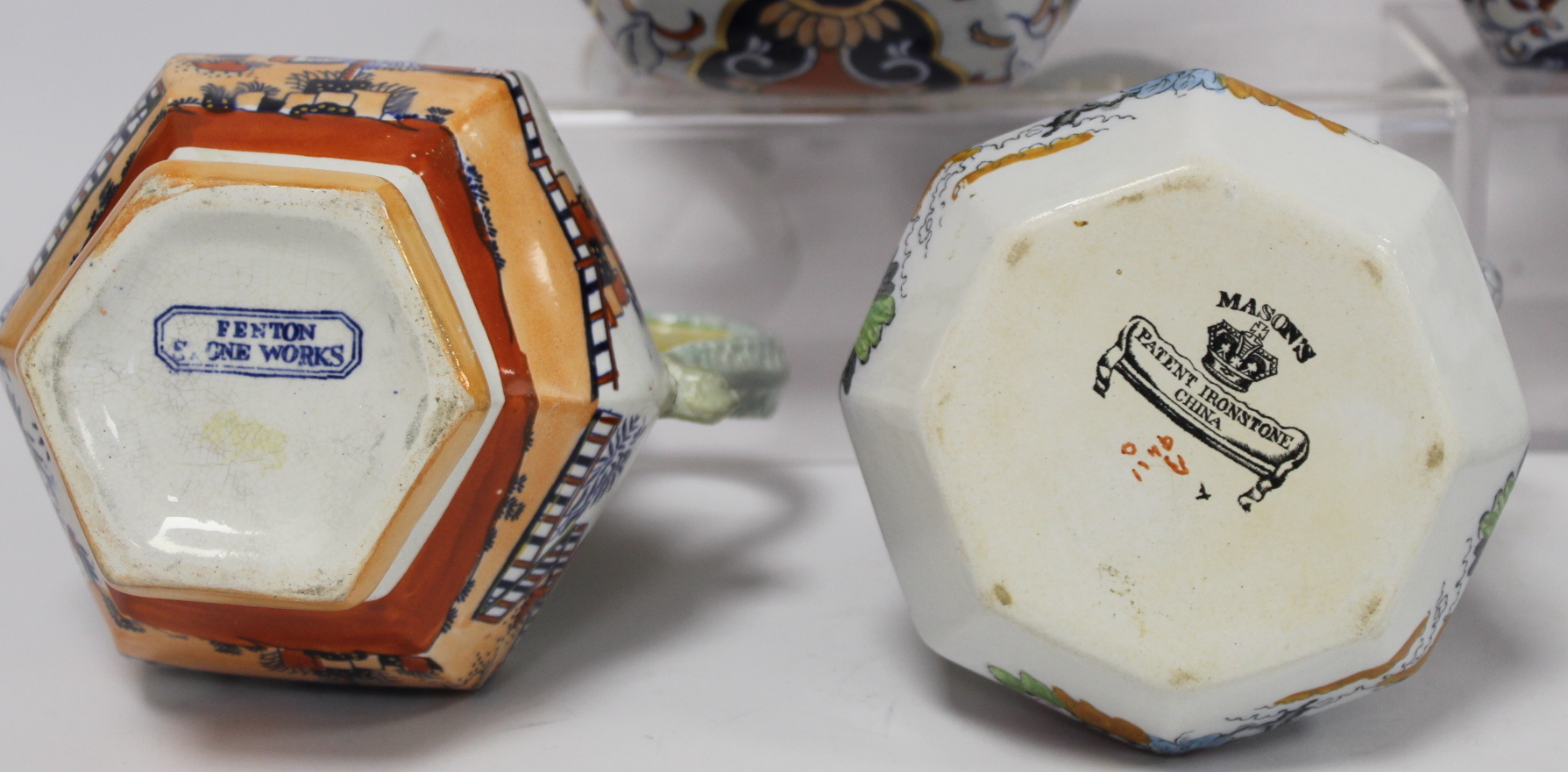 Masons Ironstone graduated set of three hexagonal jugs with dolphin handles decorated in the Imari - Image 4 of 6