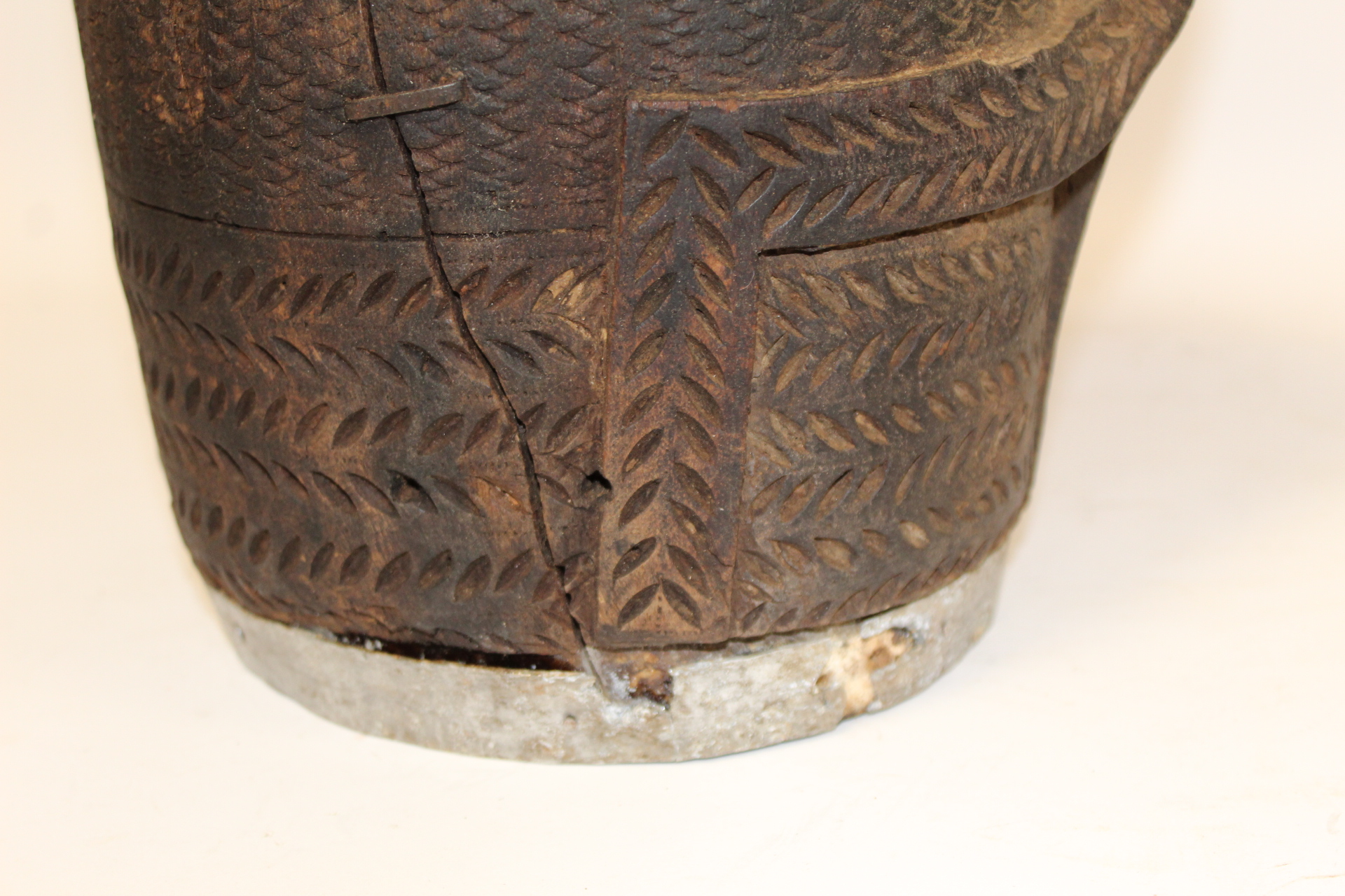 Antique Nepalese or Tibetan yak milk pot with metal banding to rim and foot, metal carrying loops, - Image 13 of 14