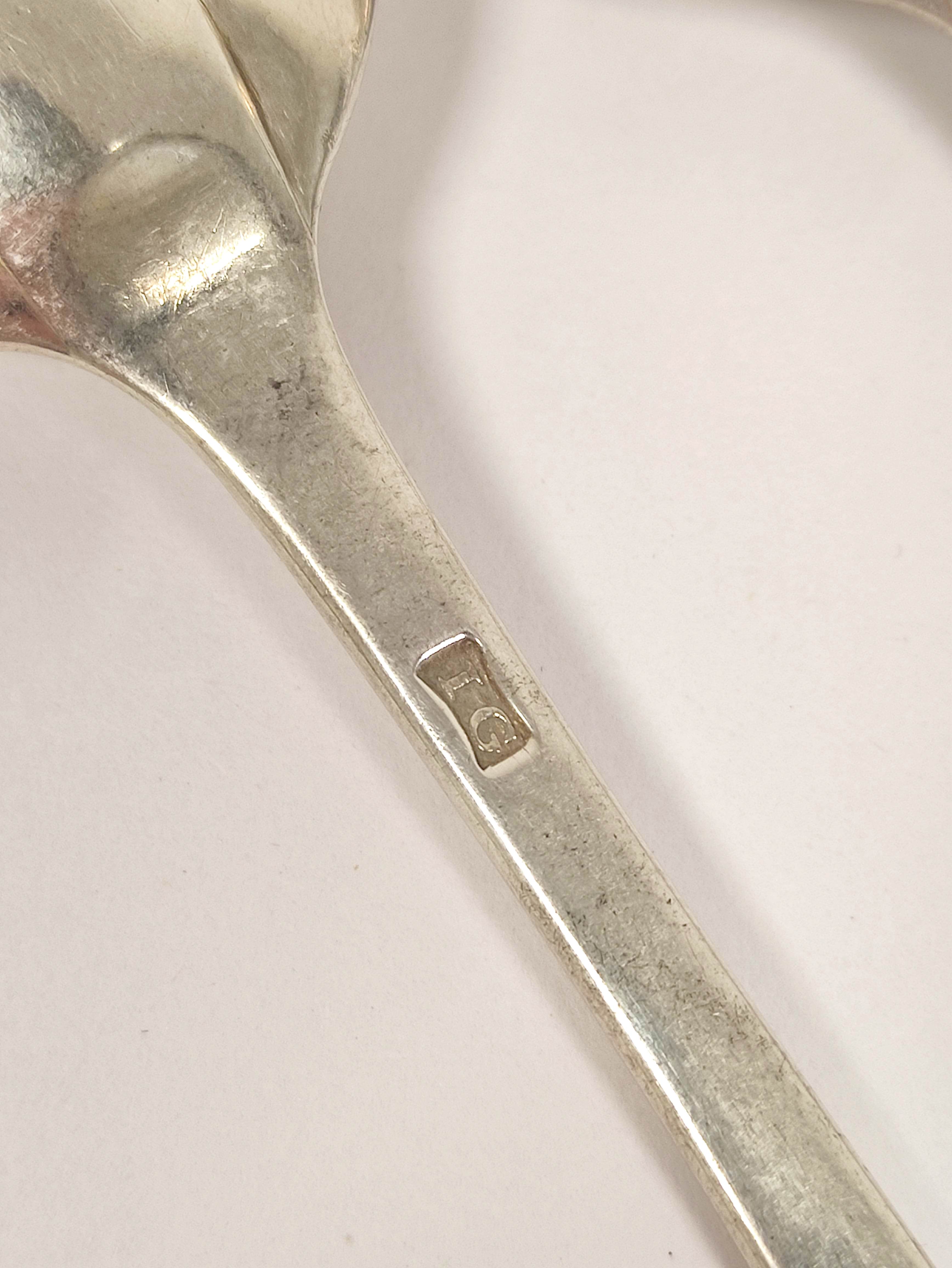 Pair of Provincial silver dessert spoons, bright cut and initialled 'L', by James Gordon Aberdeen - Image 3 of 3