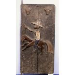 African carved wooden door, probably Dogon, Mali, depicting a man riding a horse in European