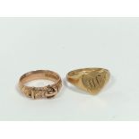 9ct gold buckle ring and a similar 18ct signet ring 9.8g. (2).