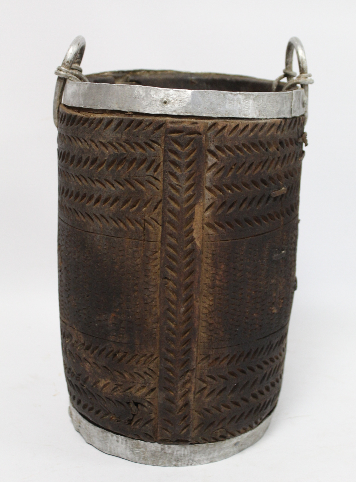 Antique Nepalese or Tibetan yak milk pot with metal banding to rim and foot, metal carrying loops, - Image 2 of 14