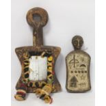 African DRC Luba divination board with carved and bead decoration, 23cm long; also a mirror with