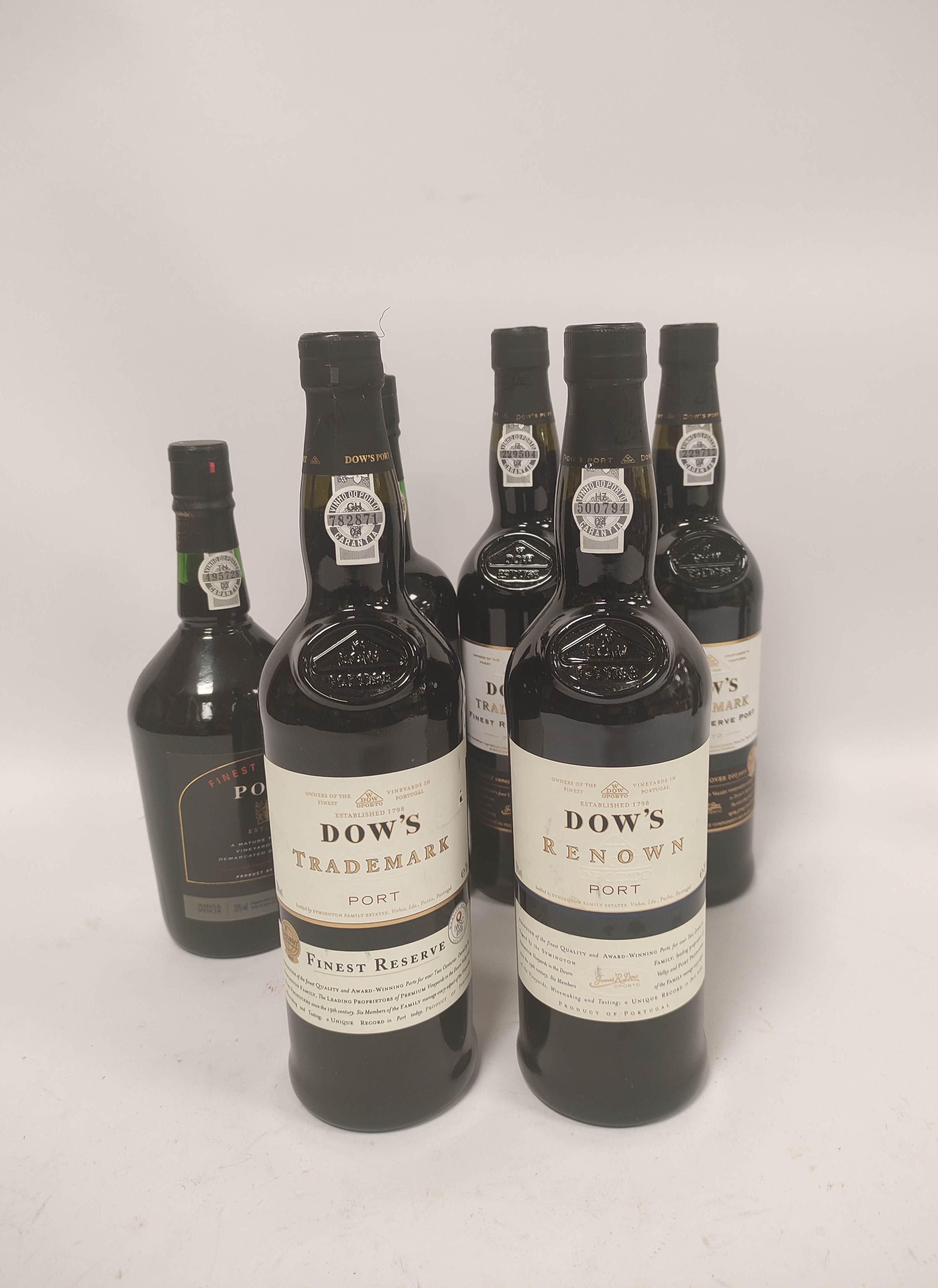 Six bottles of port to include four bottles of Dow's Trademark Finest Reserve Port, 75cl, 20% vol,