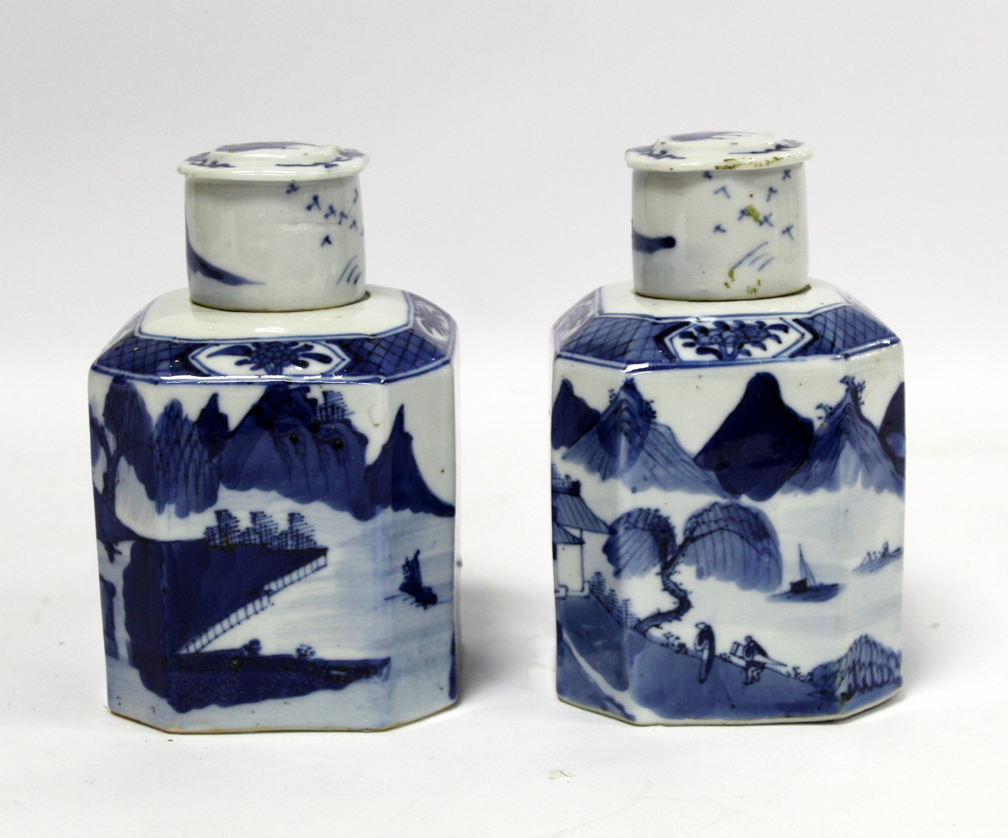 Pair of 18th century Chinese blue and white tea caddies of chamfered square form, the continuous - Image 4 of 20