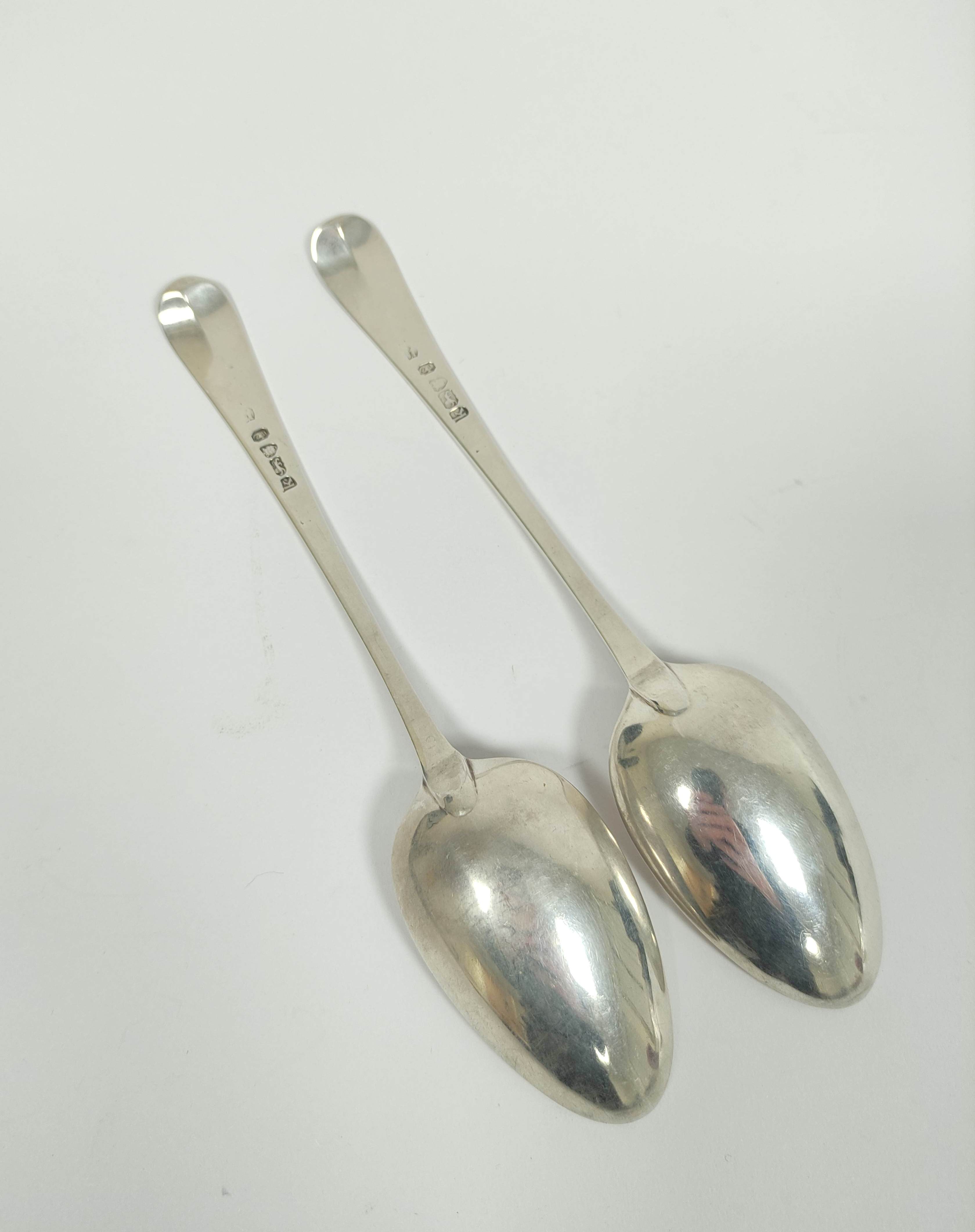 Duty Drawback mark - Pair of silver bright cut table spoons, maker's mark rubbed, probably George - Image 3 of 4