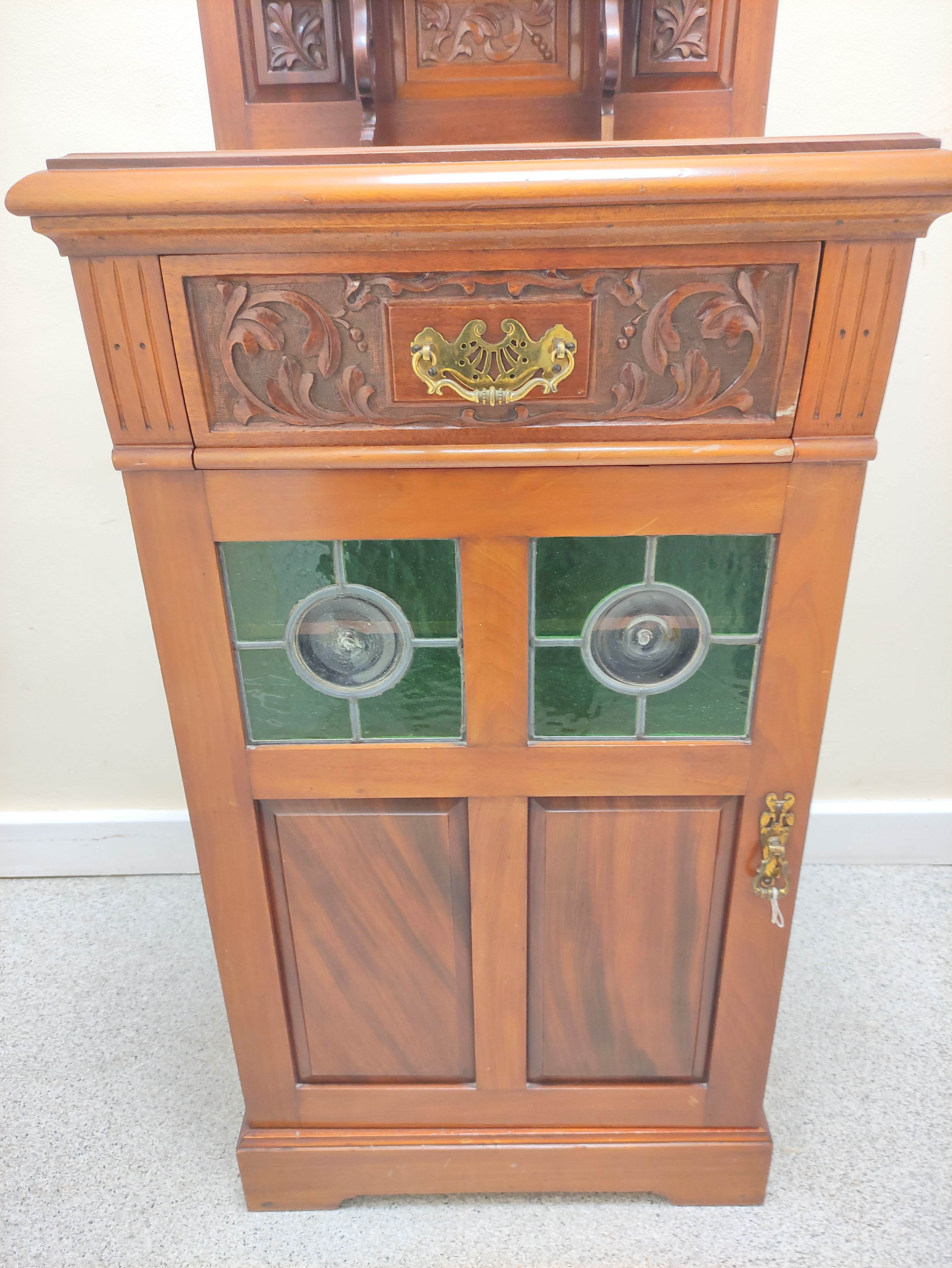 Edwardian mahogany music cabinet with mirrored pediment above a single drawer and door inset with - Image 3 of 5