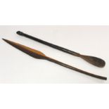 African tribal dance stick of short spear form in two tone hardwood, 75cm long and another stick
