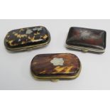 Three 19th century tortoiseshell coin purses with white metal inlay, one inscribed "Present from