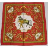 Hermès vintage silk "Cheval Turc" scarf designed by Christiane Vauzelles 1969, with red ground and