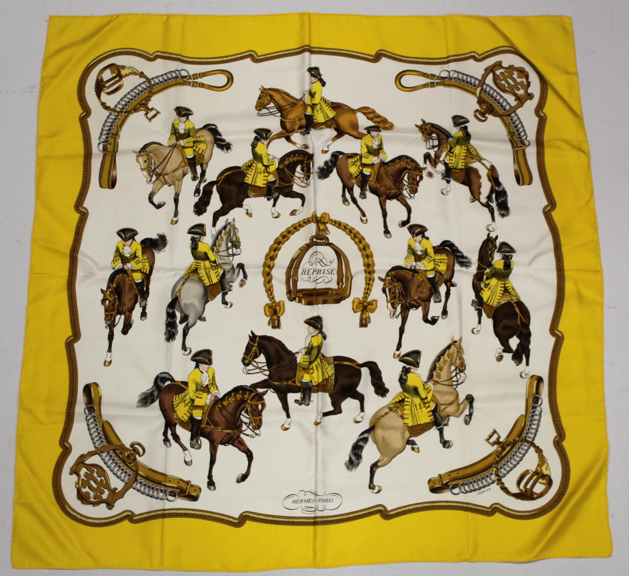 Hermès vintage silk "Reprise" scarf designed by Philippe Ledoux 1970, with yellow border, 90cm x