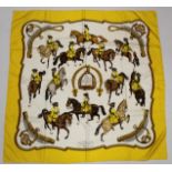 Hermès vintage silk "Reprise" scarf designed by Philippe Ledoux 1970, with yellow border, 90cm x
