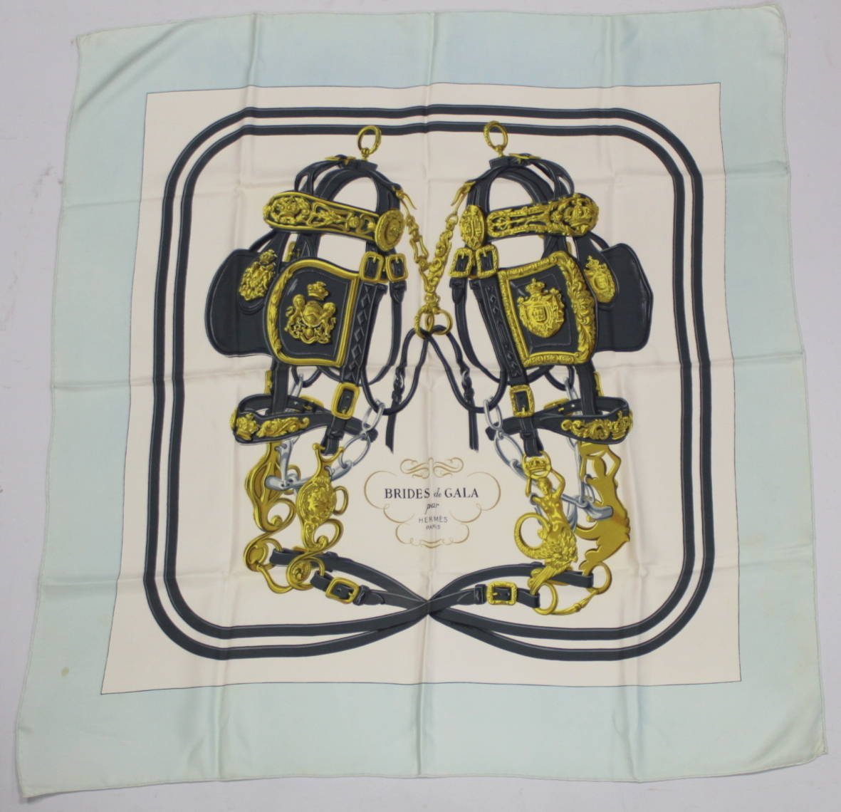 Hermès vintage silk "Brides de Gala" scarf designed by Hugo Grygkar, first issued 1957, with pale