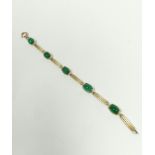 Edwardian gold bracelet with five chrysoprase cabochons, '9c', 8g gross.