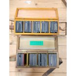 Two boxes of approx 150 mixed monochrome & colour glass slides mostly comprising of moral and