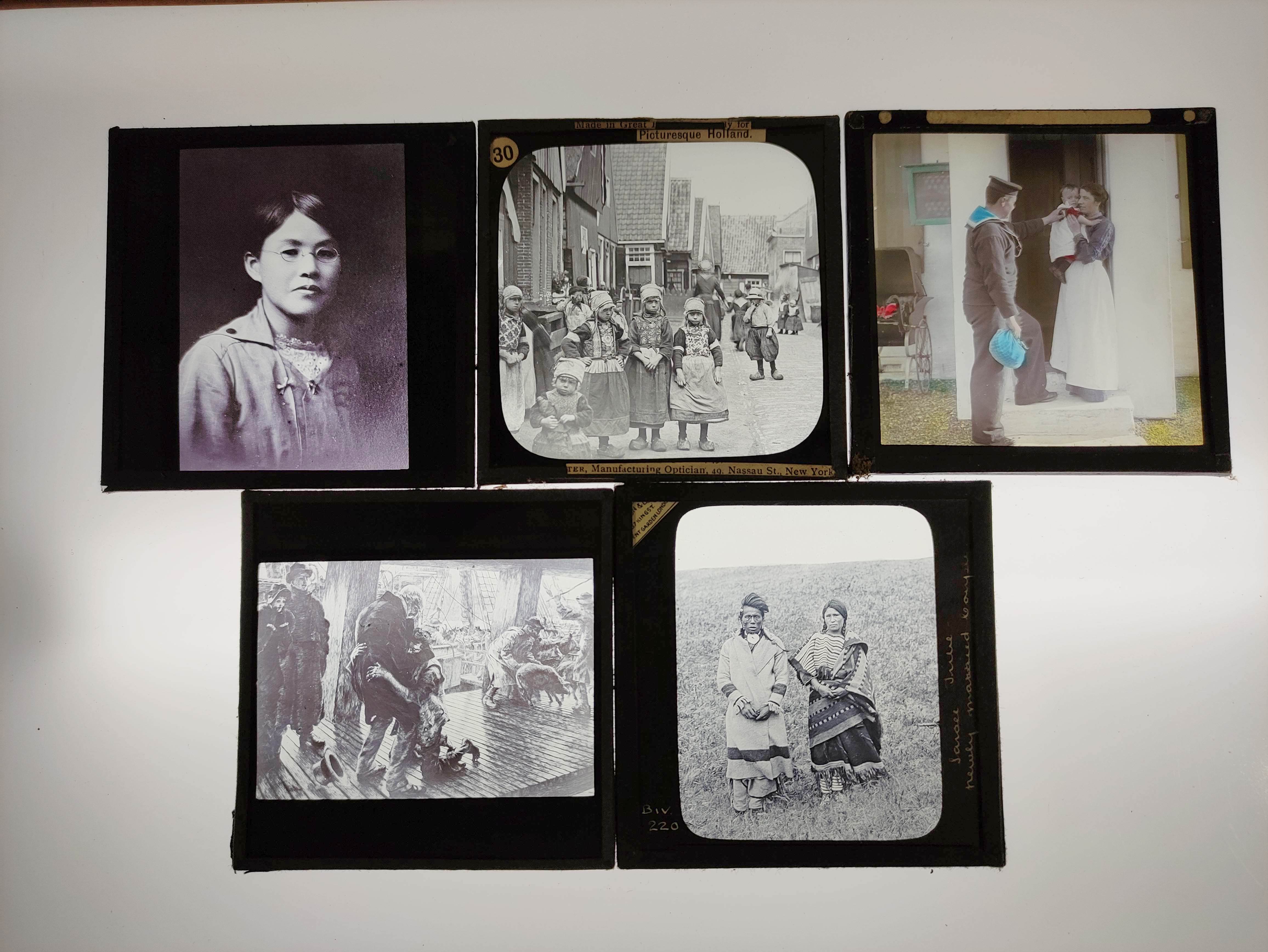 Two boxes of approx 125 mixed monochrome & colour glass slides, many by Newton & Co, comprising of - Image 3 of 6