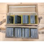 Two boxes of approx 125 mixed monochrome & colour glass slides, many by Newton & Co, comprising of