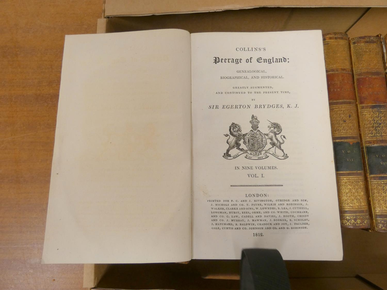 BRYDGES SIR EGERTON (Ed).  Collins's Peerage of England. 9 vols. Eng vignettes. Calf, worn cond.