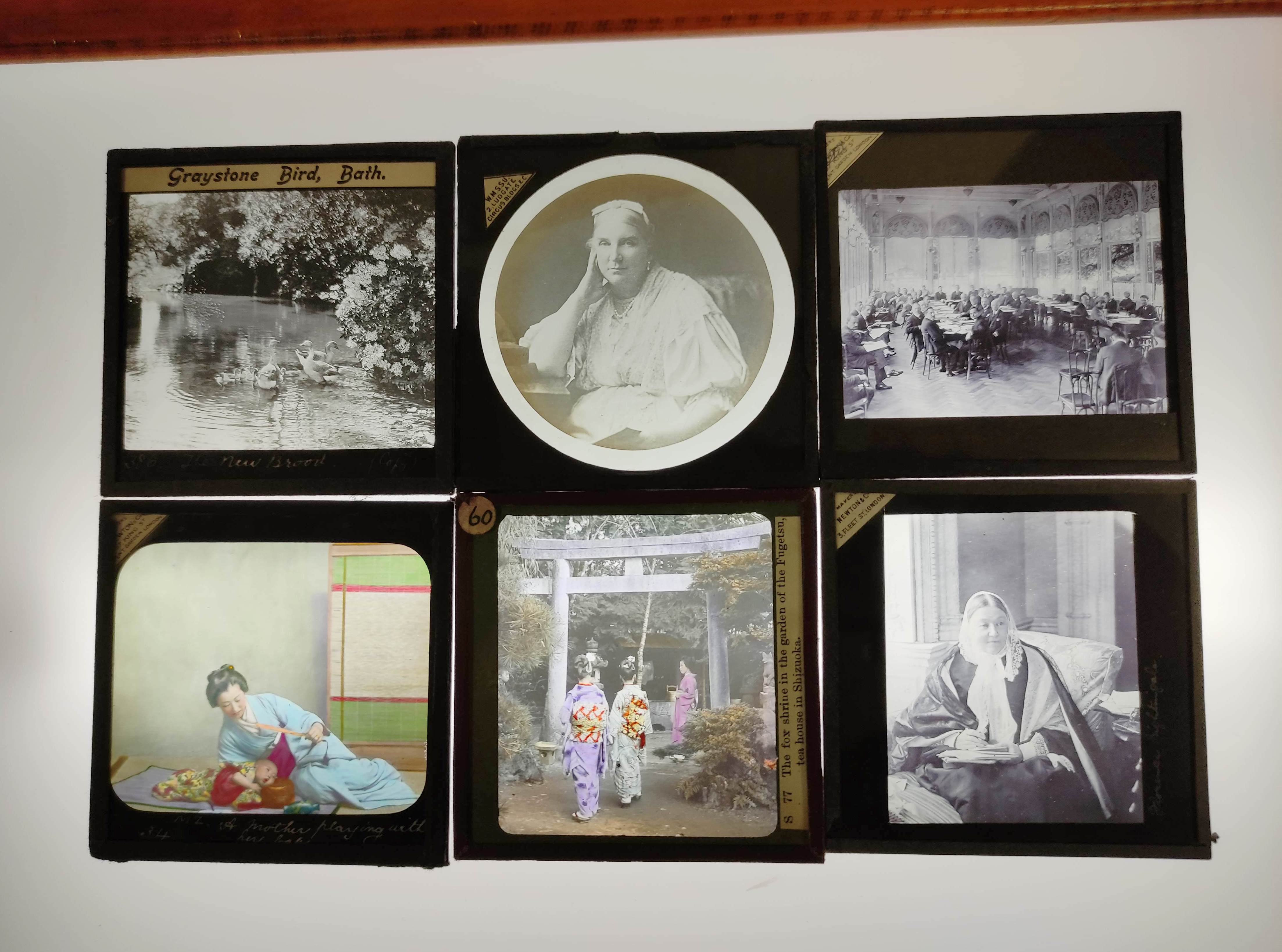 Two boxes of approx 125 mixed monochrome & colour glass slides, many by Newton & Co, comprising of - Image 2 of 6