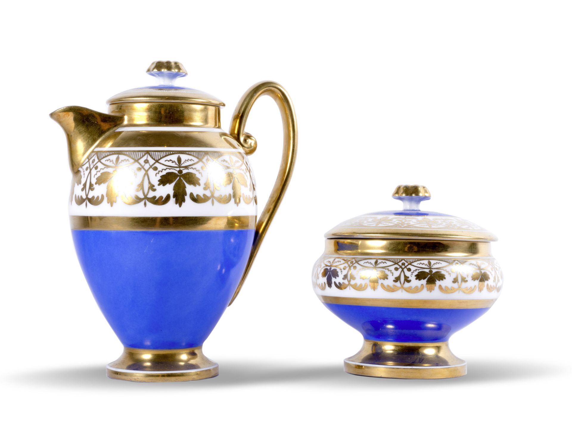 Biedermeier Kaffeeservice für 6 Personen, Um 1830/40, Weißes Porzellan mit Blau- & Golddekor - Bild 4 aus 10