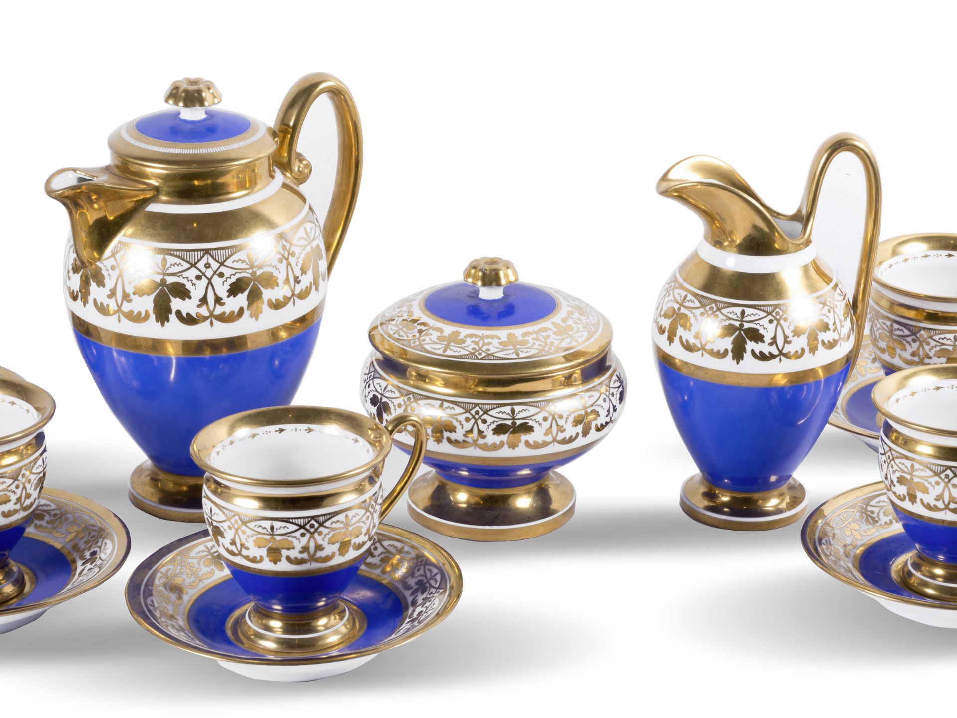 Biedermeier Kaffeeservice für 6 Personen, Um 1830/40, Weißes Porzellan mit Blau- & Golddekor - Bild 3 aus 10