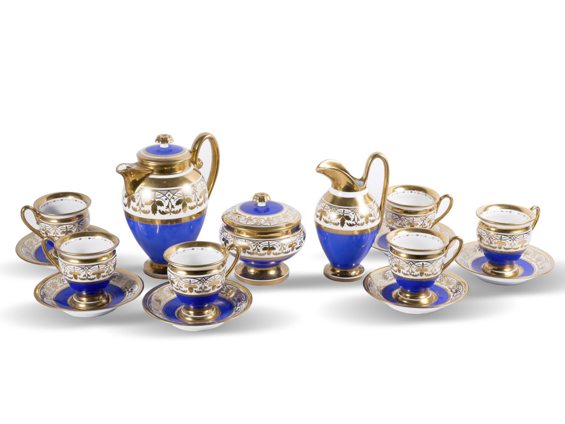 Biedermeier Kaffeeservice für 6 Personen, Um 1830/40, Weißes Porzellan mit Blau- & Golddekor