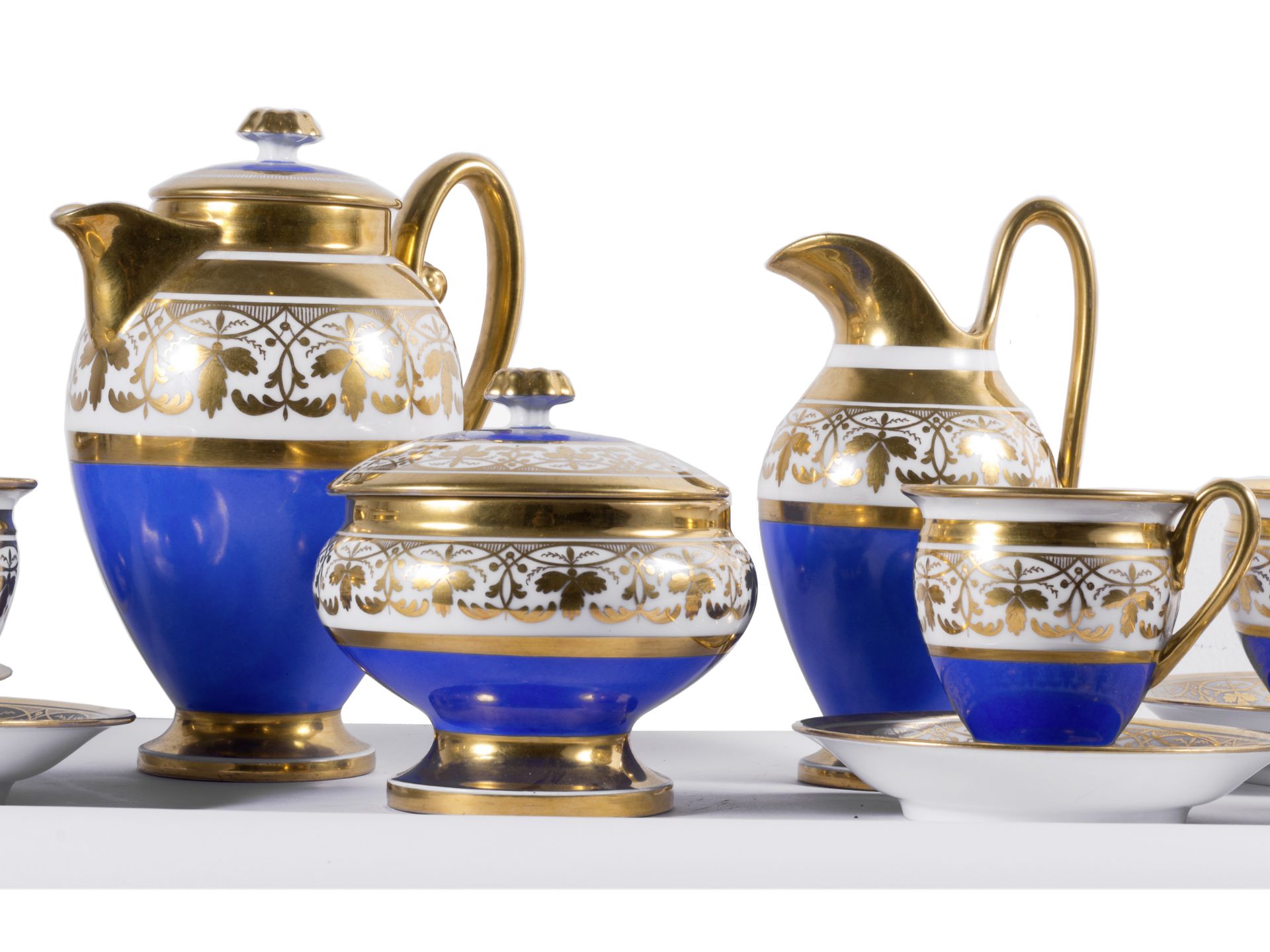 Biedermeier Kaffeeservice für 6 Personen, Um 1830/40, Weißes Porzellan mit Blau- & Golddekor - Bild 5 aus 10